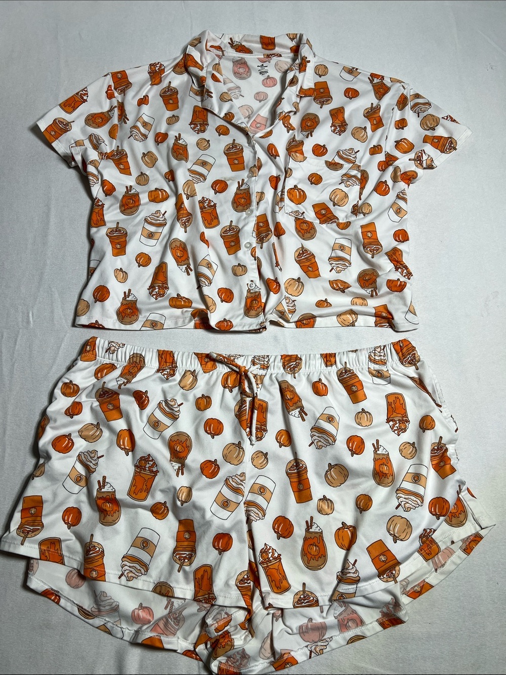 Women’s White & Orange Pumpkin Coffee Print Short Pajama Set